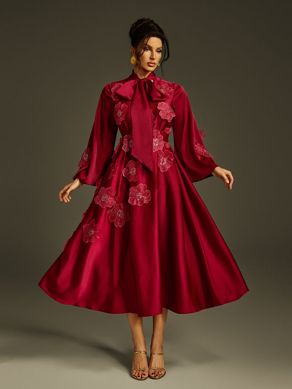 Jaldrix Tie Up Flower Satin Maxi Dress In Wine