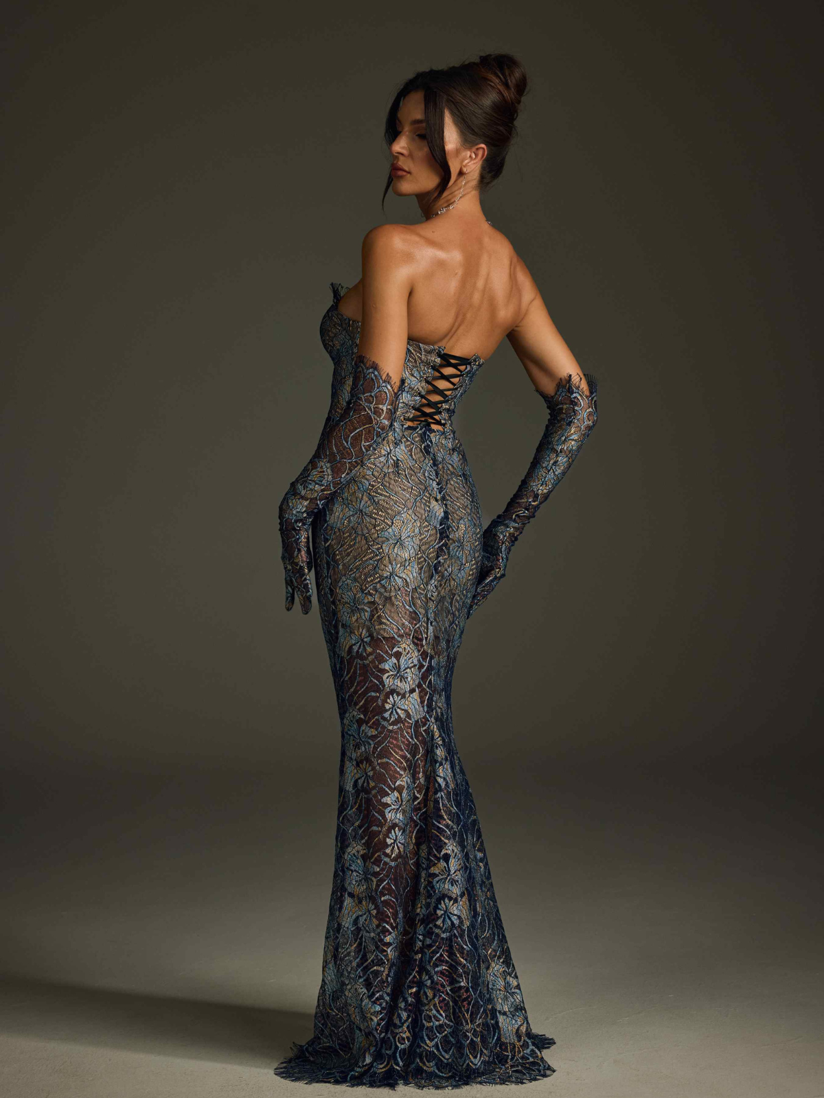 Mew Mews Javion Strapless Lace Floral Maxi Dress In Navy