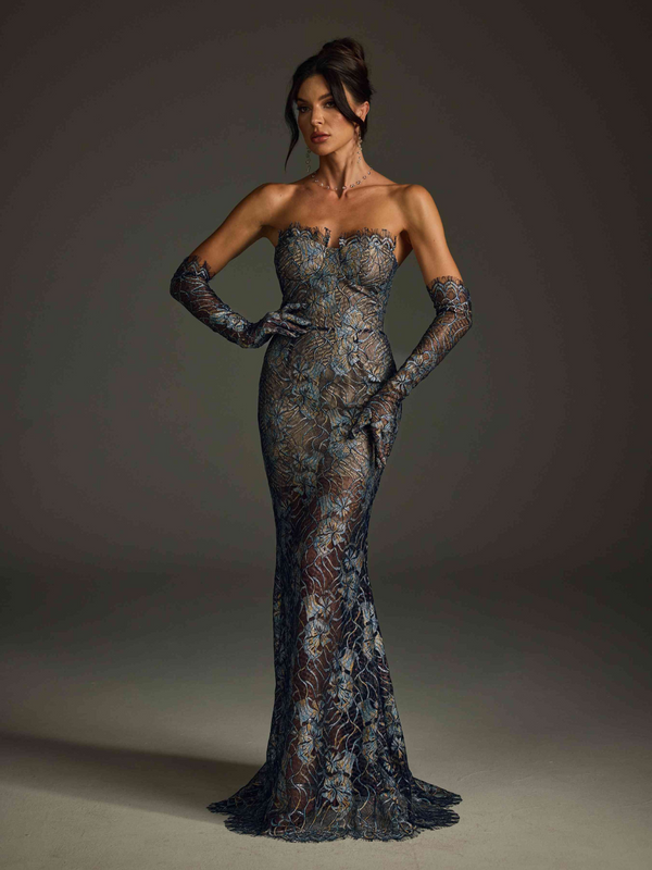 Javion Strapless Lace Floral Maxi Dress In Navy