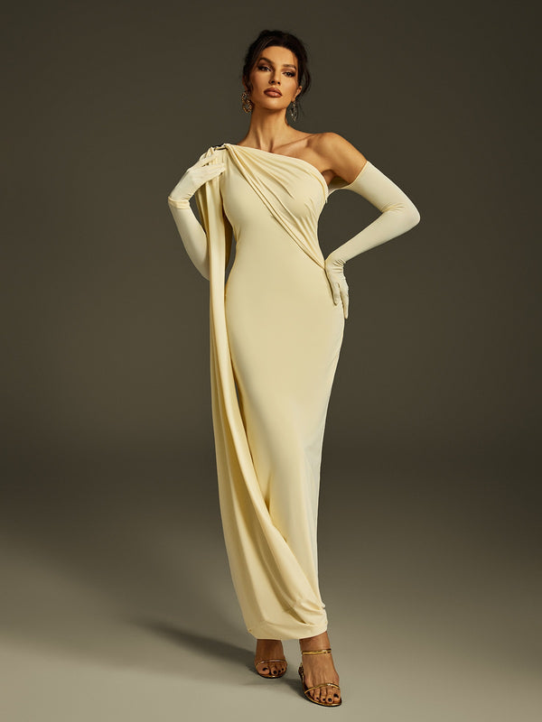 Jehiel One Shoulder Draped Maxi Dress In Butter Yellow