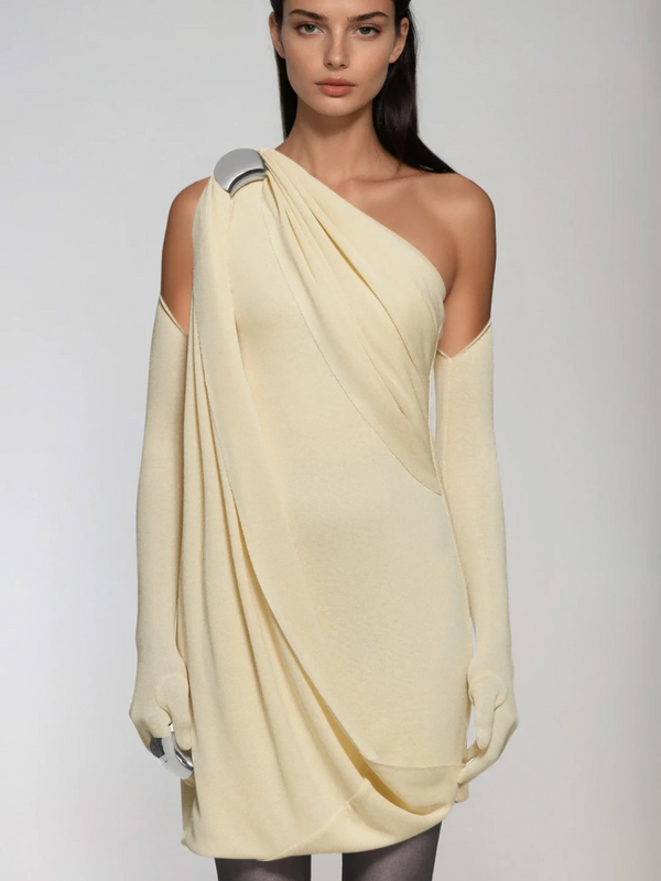 Jehiel One Shoulder Draped Mini Dress In Butter Yellow