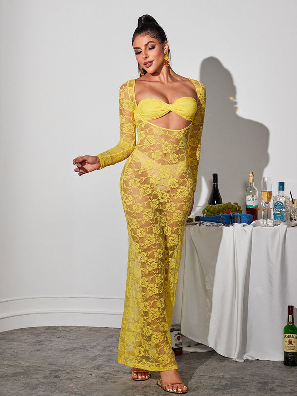 Jerryl Long Sleeve Cutout Lace Maxi Dress In Yellow