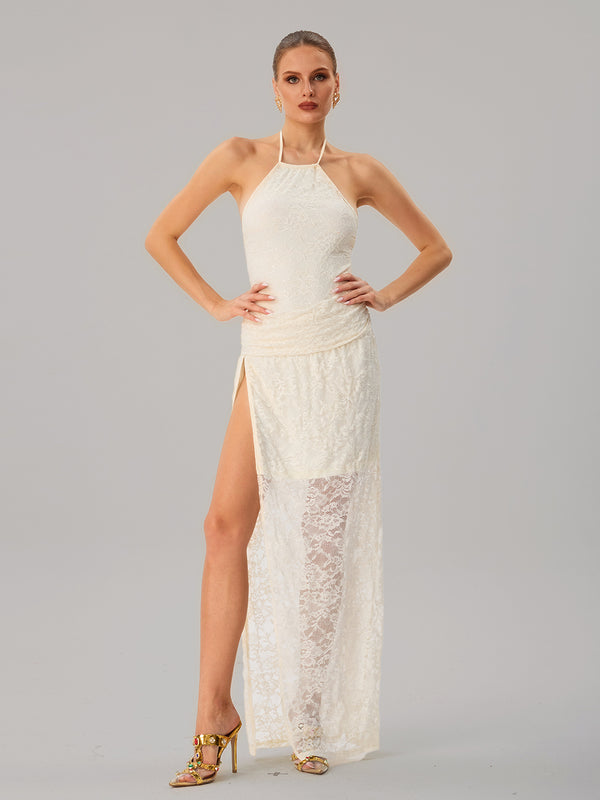 Jetgrapa Halterneck Lace Split Maxi Dress