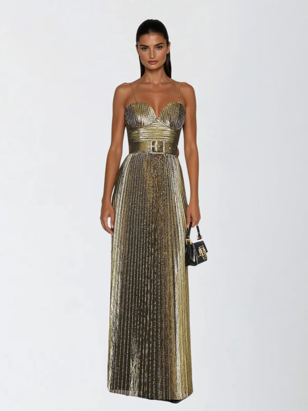Jetgraph Spaghetti Pleated Metallic Maxi Dress