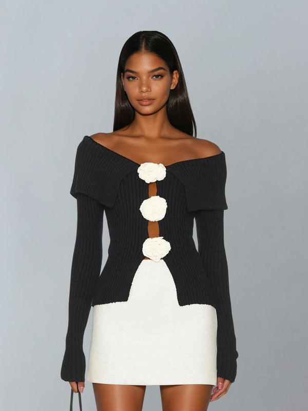 Jittera Off Shoulder Flower Knitted Top