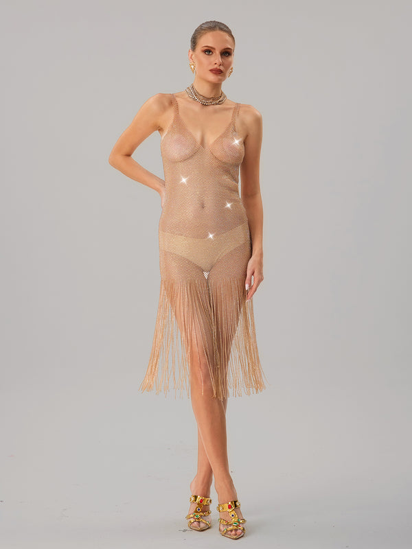 Jitterweb V Neck Rhinestone Mesh Fringe Midi Dress