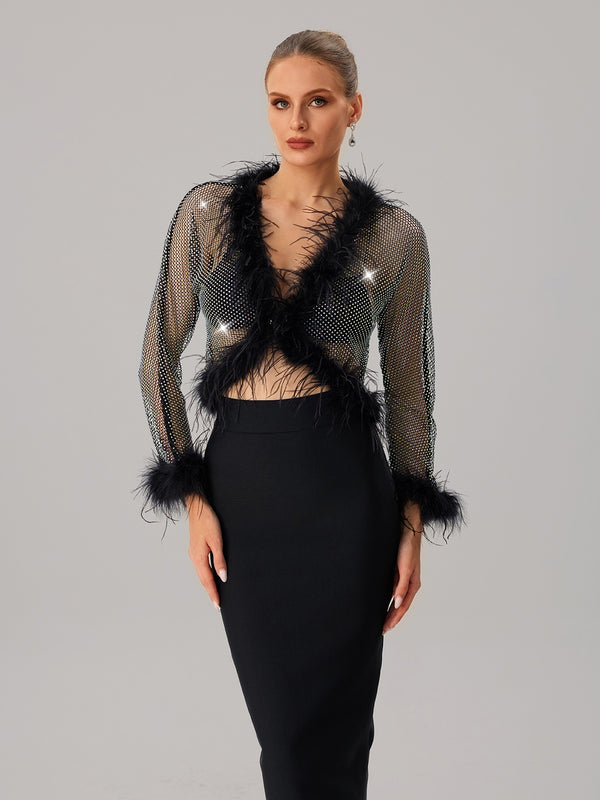 Jjetmixa Rhinestone Mesh Faux Fur Top