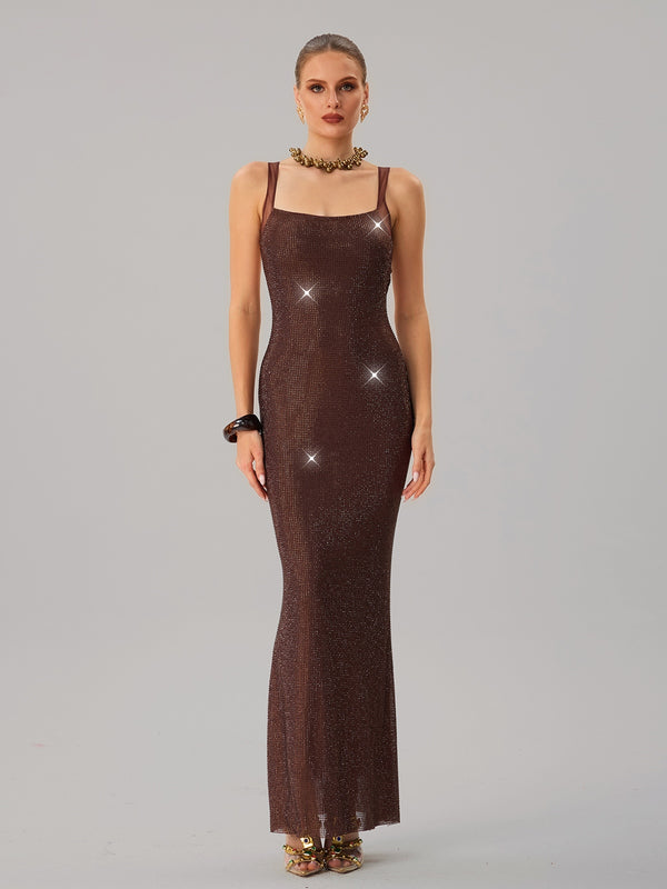 Jouncegrid Backless Rhinestone Maxi Dress In Brown