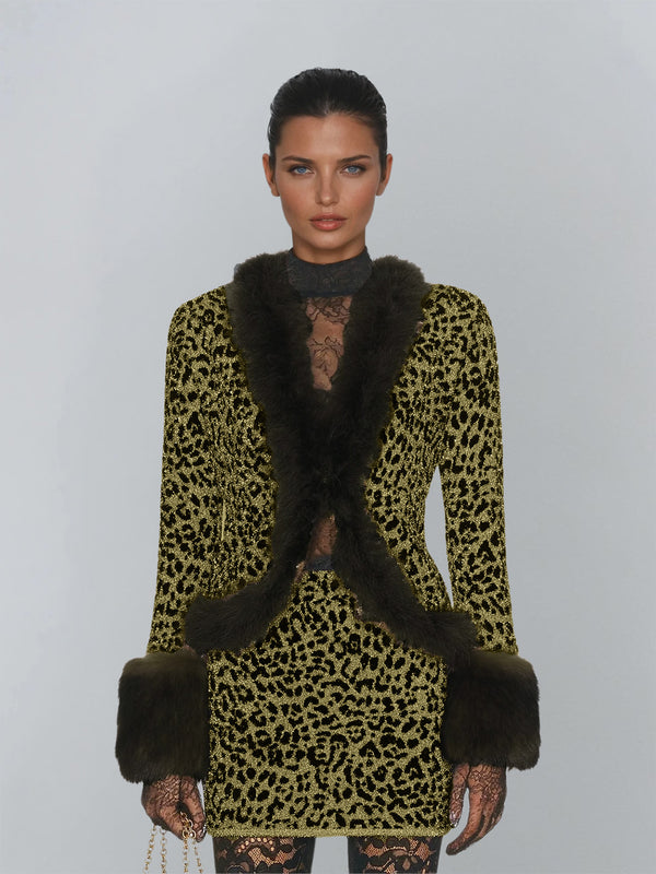 Jounceon V Neck Faux Fur Skirt Set