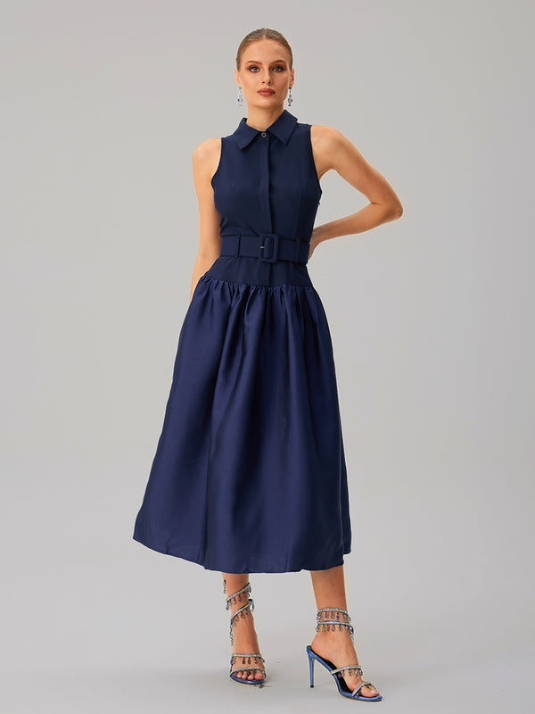 Jovisonic Folded Collar Midi Dress With Belt