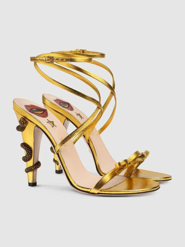 Juliette Metallic Snake Heel Sandals In Gold - Mew Mews