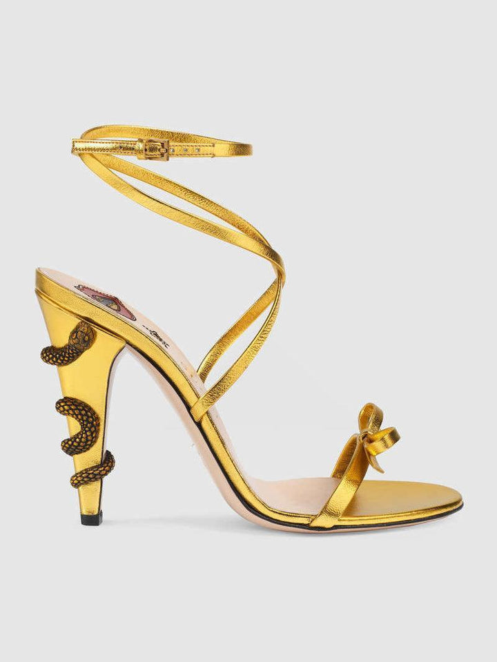 Juliette Metallic Snake Heel Sandals In Gold - Mew Mews