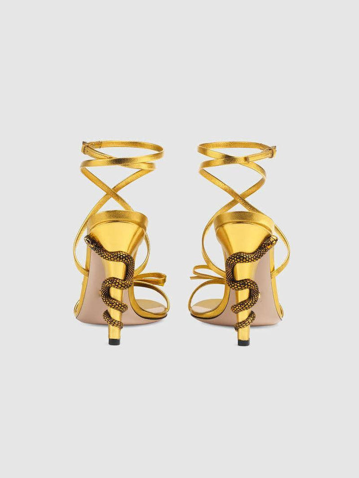 Juliette Metallic Snake Heel Sandals In Gold - Mew Mews