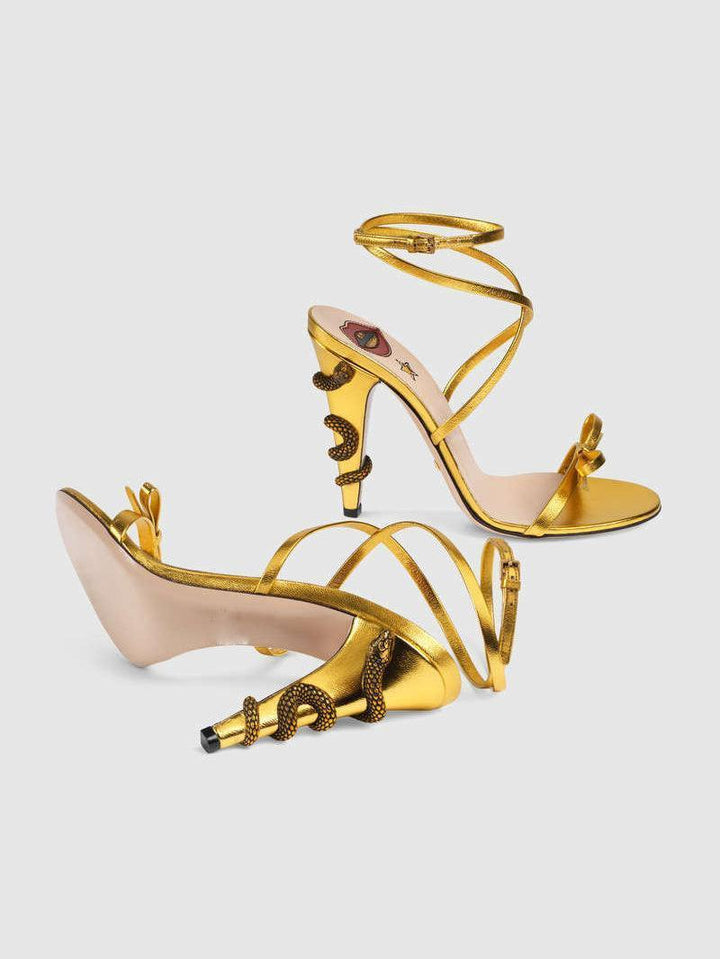 Juliette Metallic Snake Heel Sandals In Gold - Mew Mews