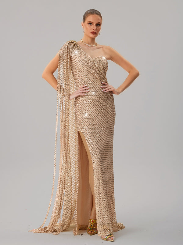 Junctionet One Shoulder Shawl Sequin Split Maxi Dress