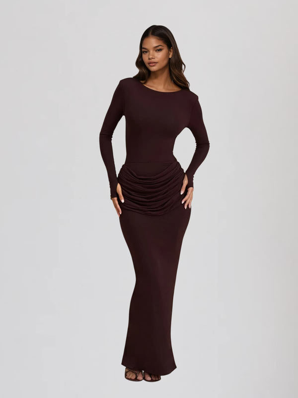 Jutflare Long Sleeve Ruched Split Maxi Dress In Brown