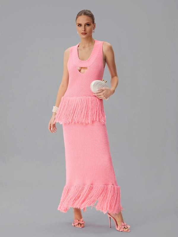 Jutpulsar Sleeveless Fringe Knit Maxi Dress