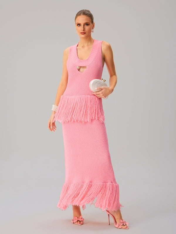 Jutpulsar Sleeveless Fringe Knit Maxi Dress