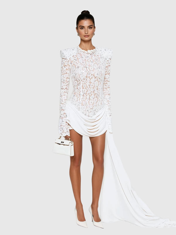 Kaatib Long Sleeve Lace Draped Mini Dress