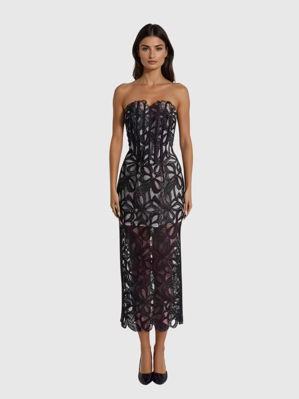 Kabibe Strapless Flower Embroidered Midi Dress
