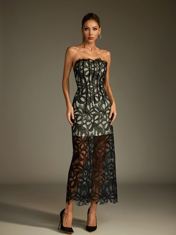 Kabibe Strapless Flower Embroidered Midi Dress