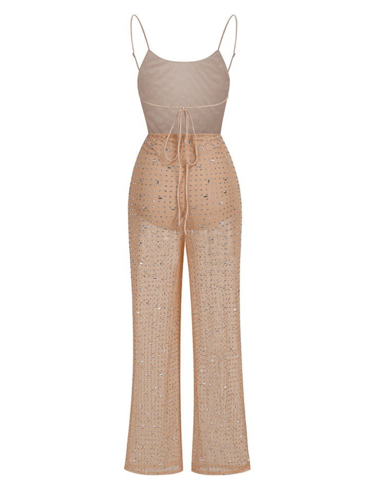 Kacey Backless Embellished Mesh Jumpsuit - Mew Mews