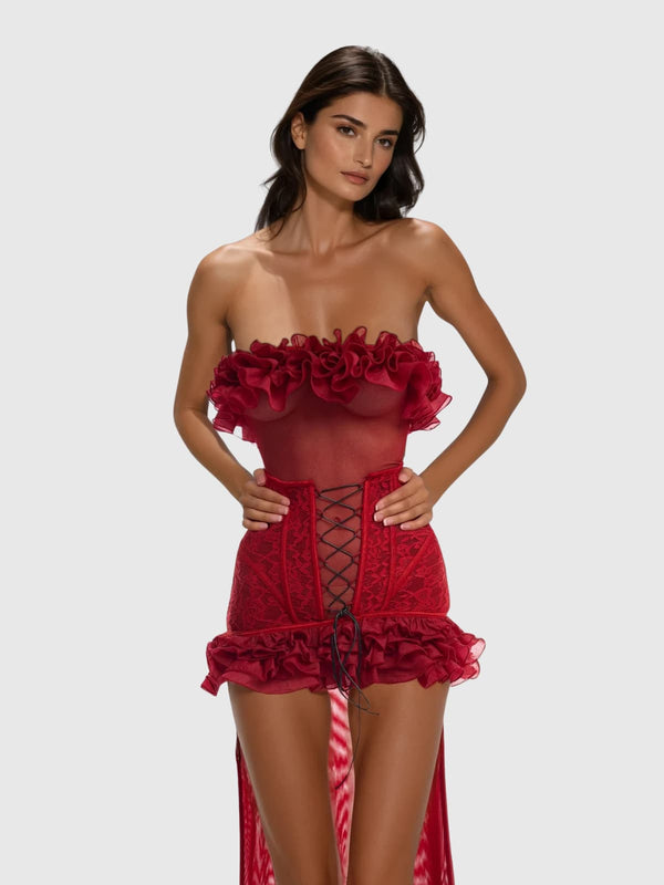 Kacia Strapless Ruffle Mesh Maxi Dress