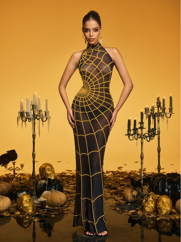 Kaelyra High Neck Cobweb Pearl Maxi Dress In Gold