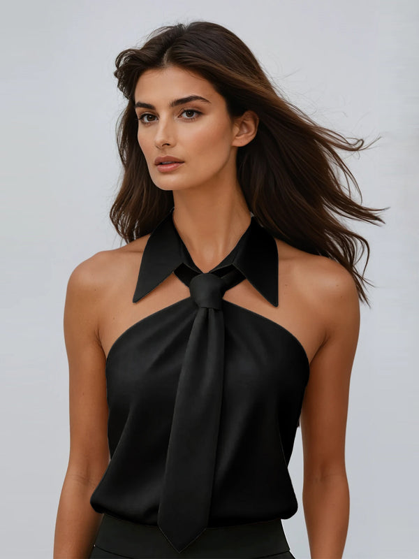 Kaldi Folded Collar Tie Shirt In Black