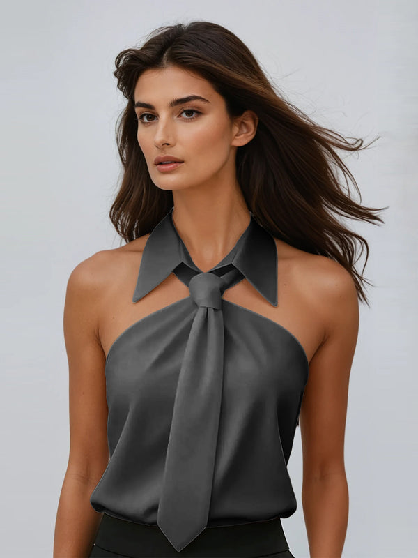 Kaldi Folded Collar Tie Shirt In Grey