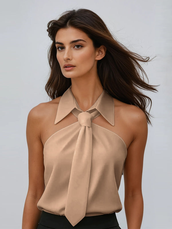 Kaldi Folded Collar Tie Shirt In Khaki