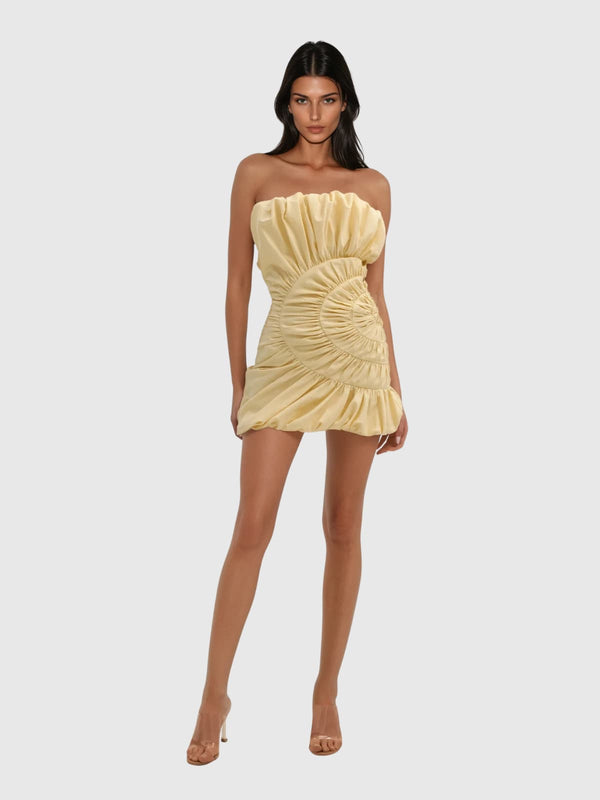Kaldrek Strapless Ruched Ruffle Mini Dress In Apricot