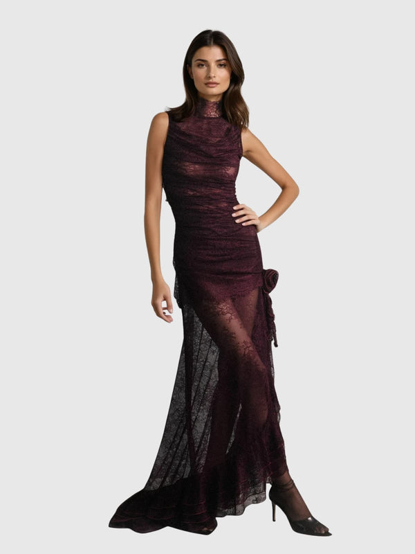 Kaldris High Neck Lace Ruffle Maxi Dress