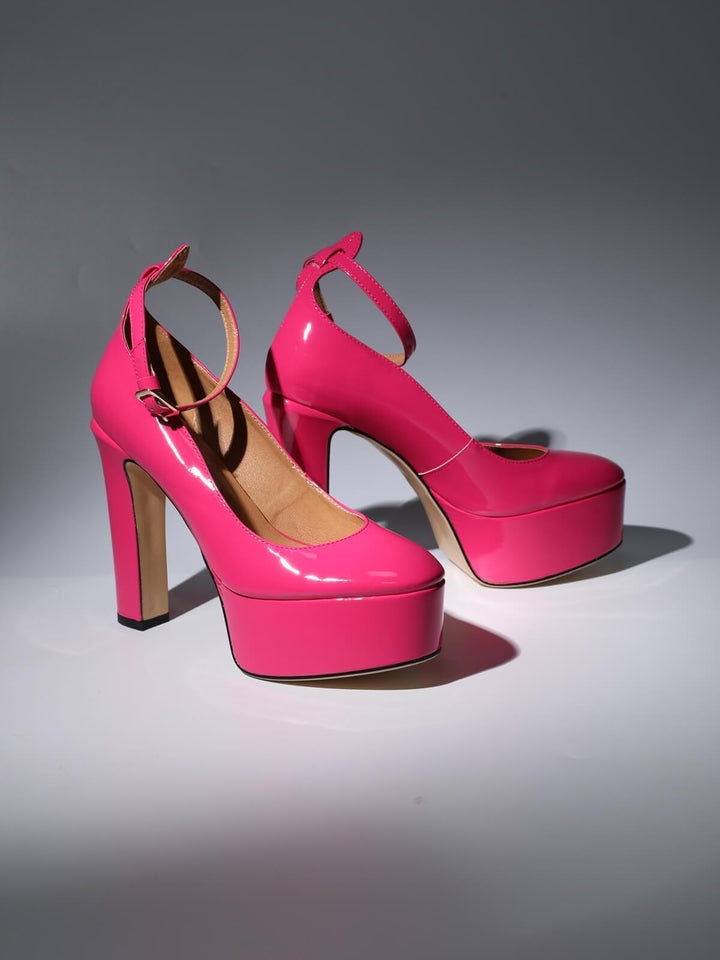 Kalea Leather Platform Heels In Hot Pink - Mew Mews