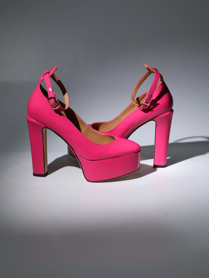 Kalea Leather Platform Heels In Hot Pink - Mew Mews