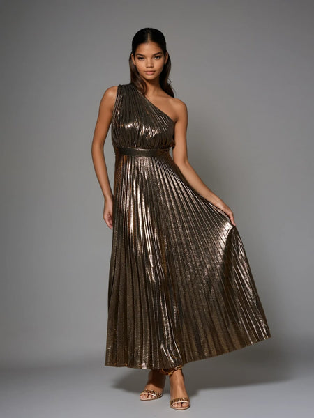 metallic knit rose gold one shoulder maxi dress Kenny Diamante One Shoulder Maxi Dress / Gold | MESHKI