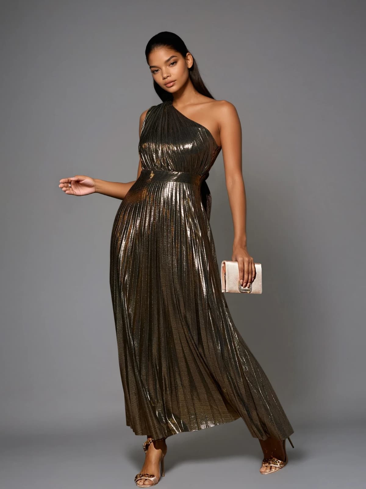 Mew Mews Kaleen One Shoulder Metallic Maxi Dress In Gold