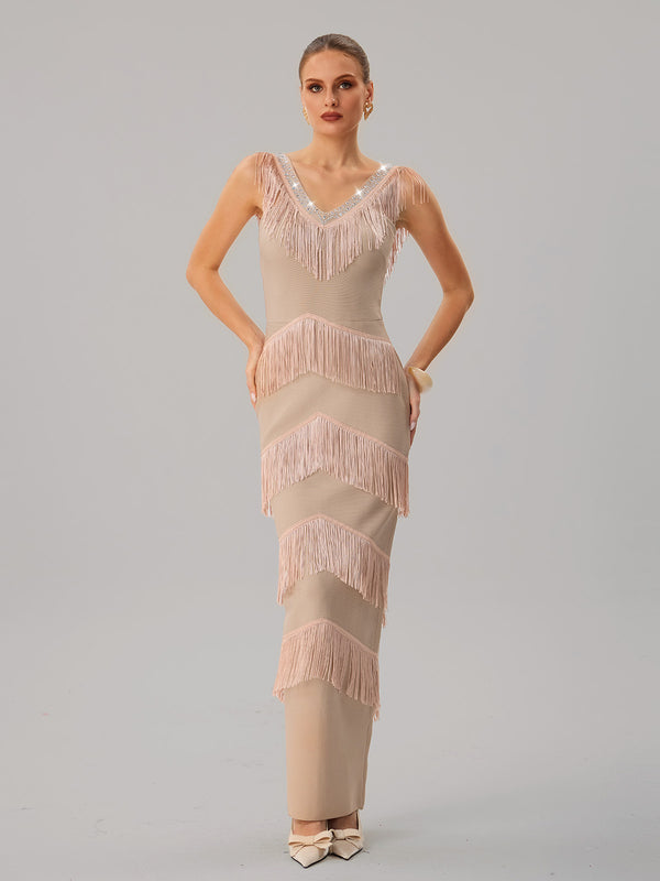 Kaleidrix V Neck Fringe Split Bandage Maxi Dress