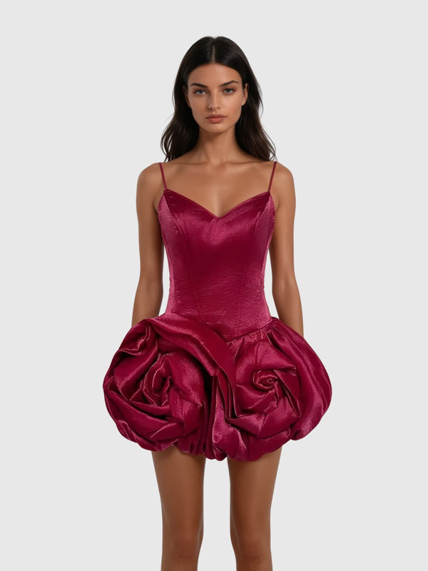 Kapule Spaghetti Flower Satin Mini Dress