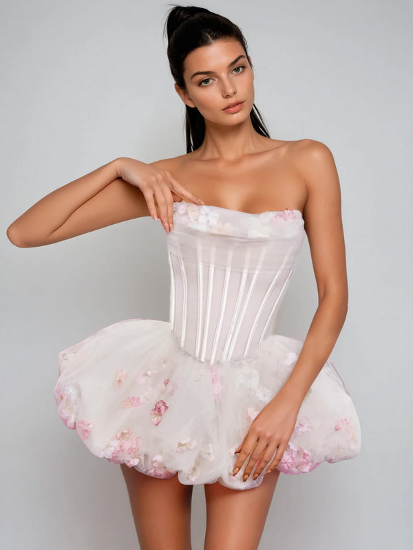 Karmana Strapless Corset Flower Bubble Mini Dress