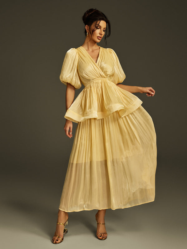 Kaseko Puff Sleeve Ruched Maxi Dress In Butter Yellow