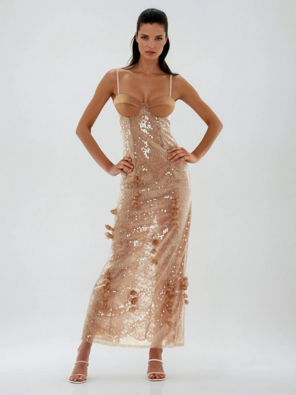 Kashiti Spaghetti Flower Sequin Midi Dress
