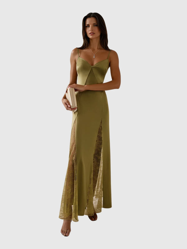 Kasumi Spaghetti Lace Satin Maxi Dress