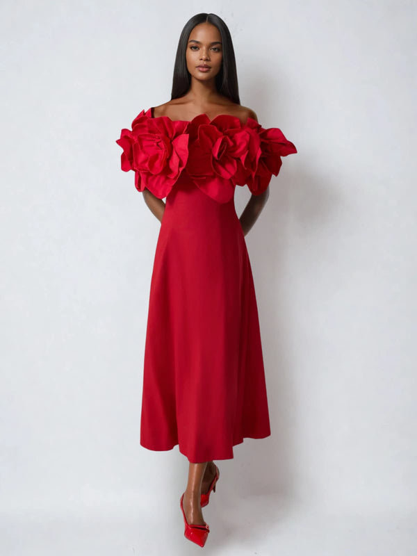 Katashi Off Shoulder Flower Midi Dress