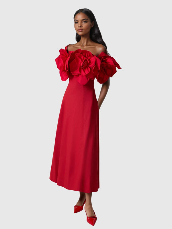 Katashi Off Shoulder Flower Midi Dress