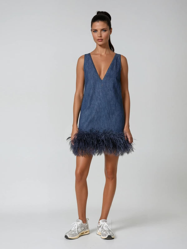 Katet V Neck Feather Denim Mini Dress