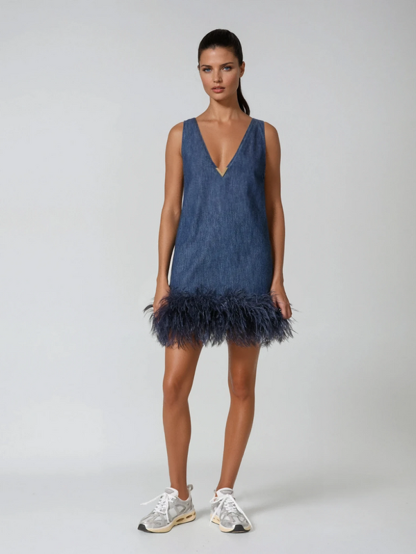 Katet V Neck Feather Denim Mini Dress