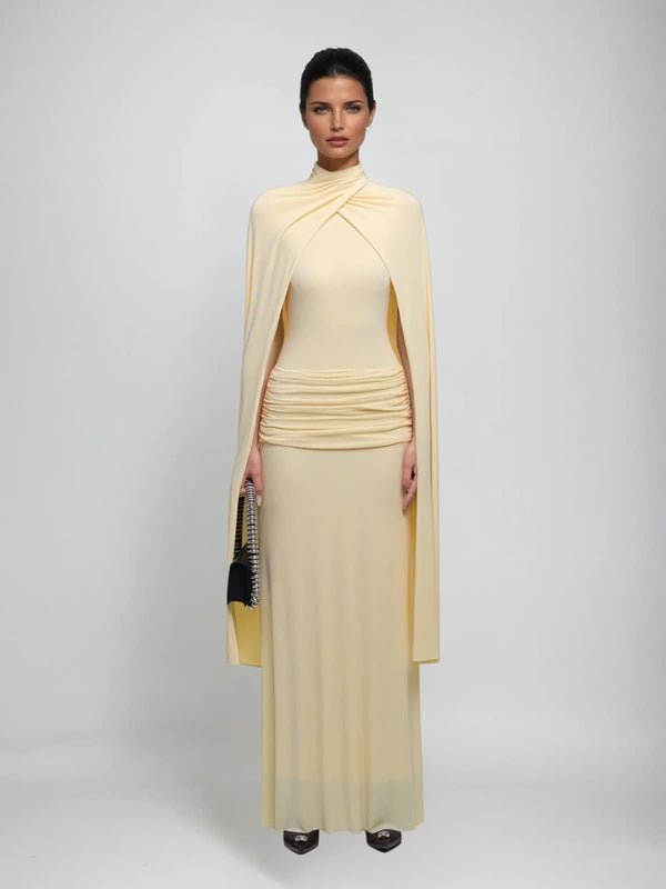 Katlyn Ruched Cape Maxi Dress