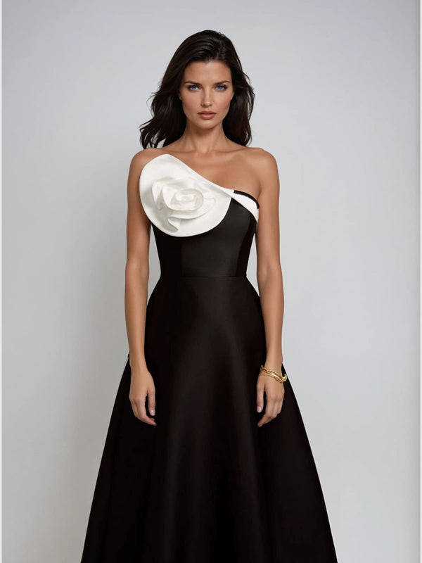 Katoka Strapless Flower Satin Maxi Dress