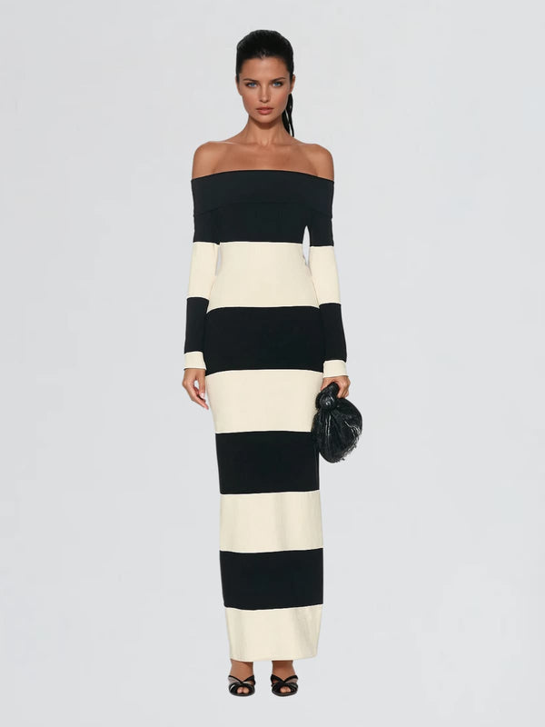 Katzent Off Shoulder Stripe Knit Maxi Dress